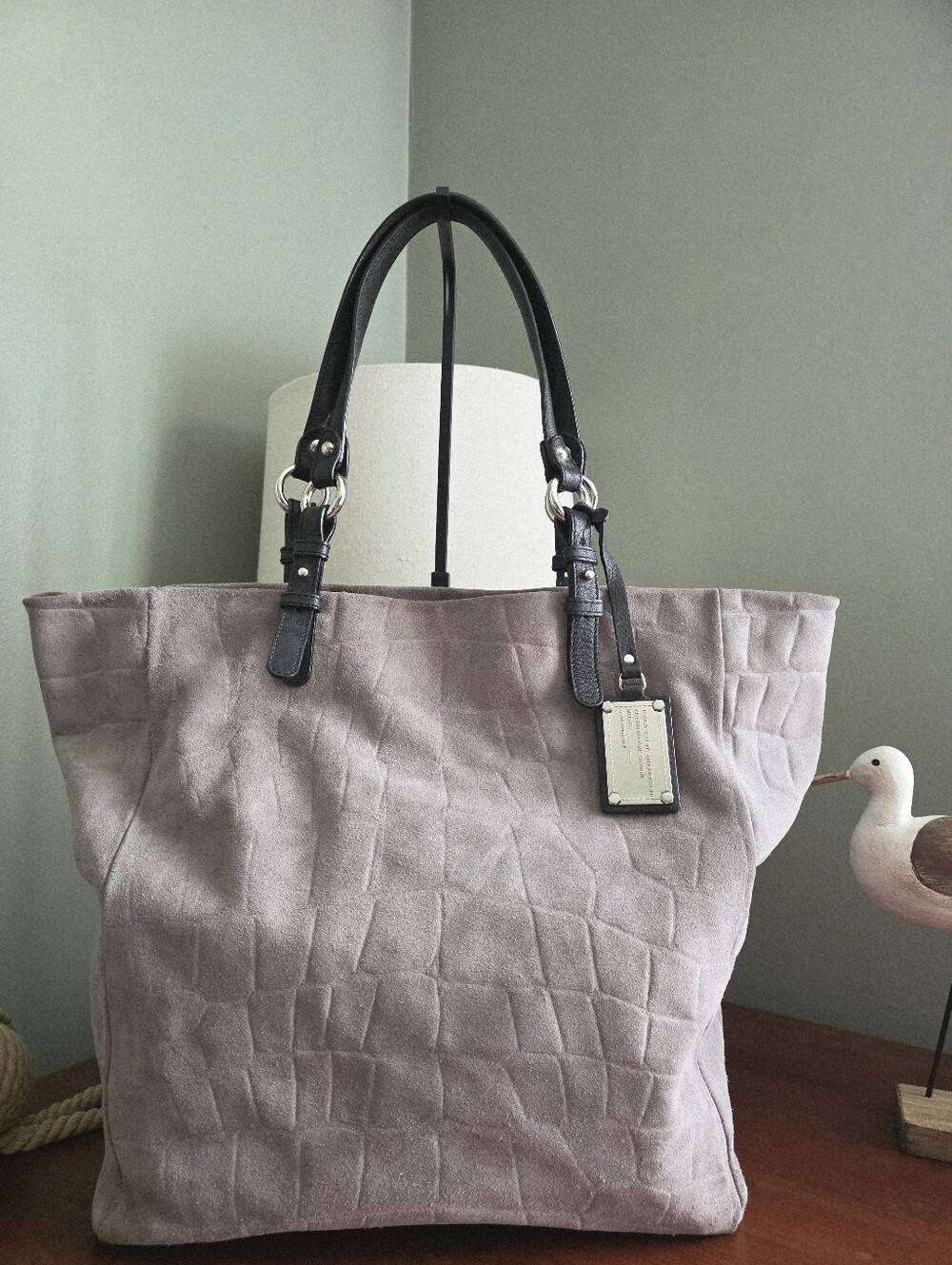 TOSCA BLU Large Gray Croc Embossed Suede Leather Work Tote Shoulder Bag